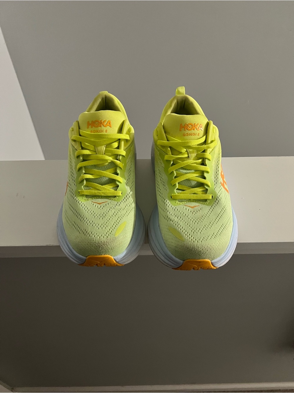 Hoka Bondi 8 Neon Yellow Running Shoes with Orange Logo - Picture 4 of 7